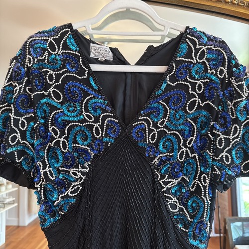 Vintage Stenay Beaded Black & Blue 100% Silk Dress - Picture 2 of 5