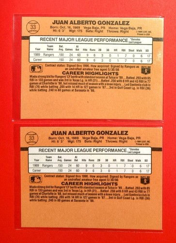 1990 Donruss Juan Gonzalez Reverse Negative Error (2 Cards) - Bild 2 von 2