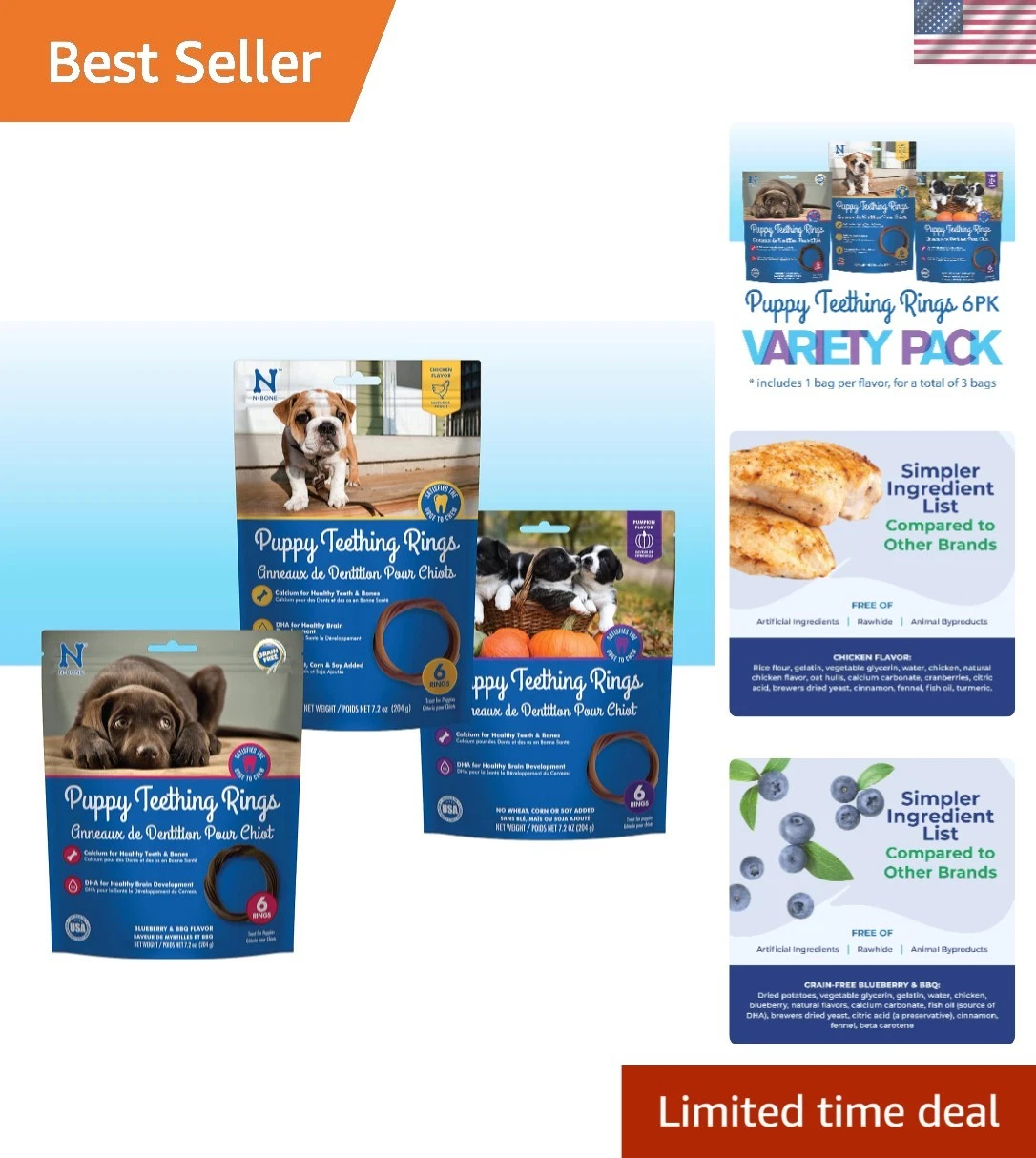 Edible Puppy Teething Rings 6 Count Variety: Chicken, Pumpkin, Blueberry BBQ