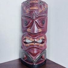 Hawaiian Hand-Made Carved Wooden 12" Tiki Painted Mask Wall Decor Hanging