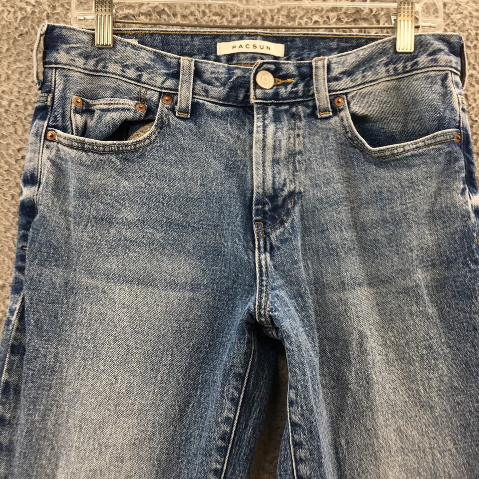 Pantalones de mezclilla ajustados apilados Pacsun para hombre 30x32 (real 32x33) azul tiro medio botón Foto 2 de 4