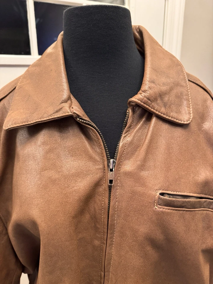Chaqueta de bombardero vintage de cuero marrón envejecido ADAM SPENCER de los años 80 talla 46 con bolsillo Foto 2 de 4