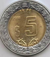 Mexico Coin 5 Peso Random Years Circulated Bimetalic Eagle & Snake