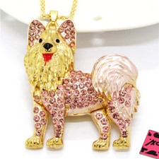Fashion Women Pink Rhinestone Cute Dog Crystal Pendant Chain Necklace