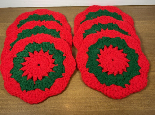 Vintage Doilies Hand Crocheted Christmas Flowers Red Green Hot Pads Set Of 6