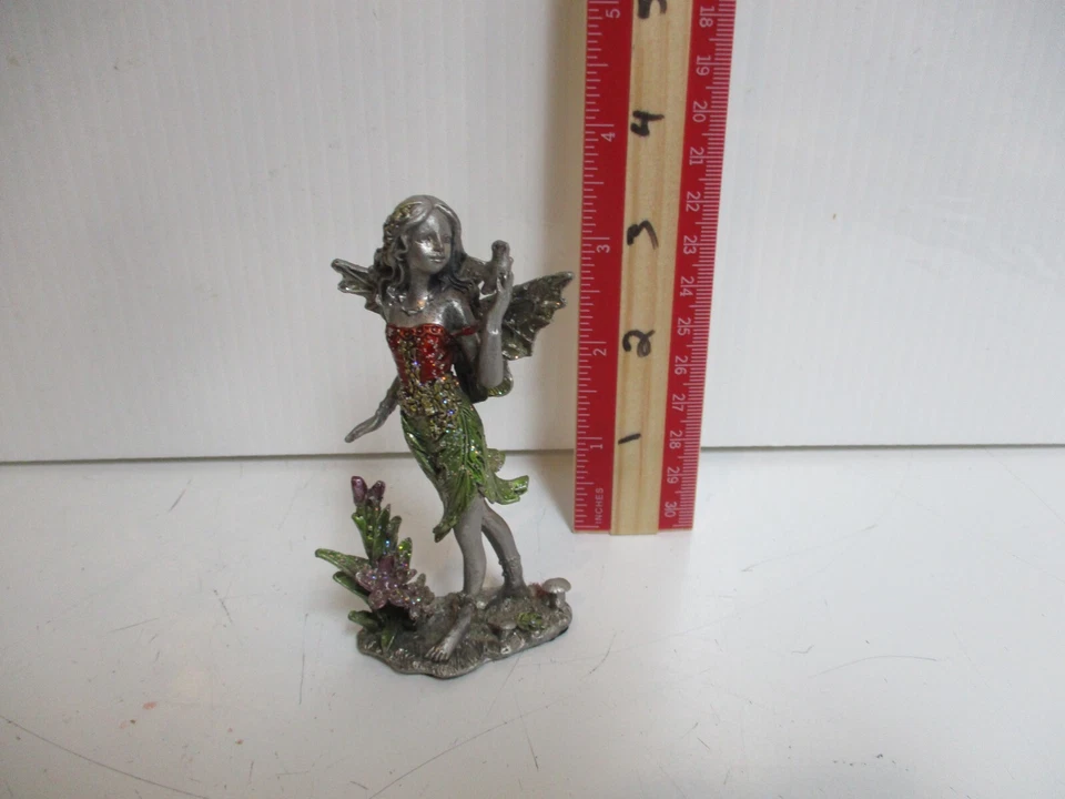 Pewter Fairy Figurine w Bird  Green & Red Dress Sparkly Stones 3" - Image 4 of 4