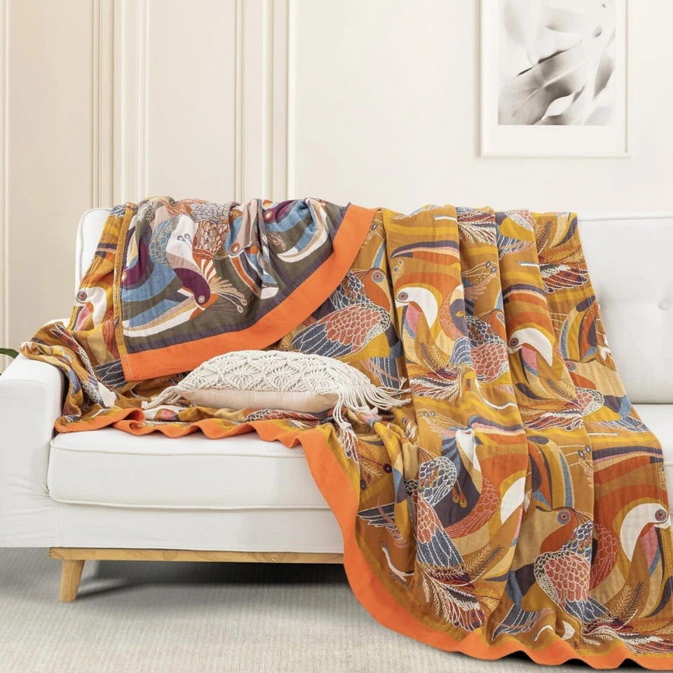 NEW XL Anthropologie Boho Bird Orange Throw Blanket Bedspread Quilt - 80" x 90" - Image 2 of 4