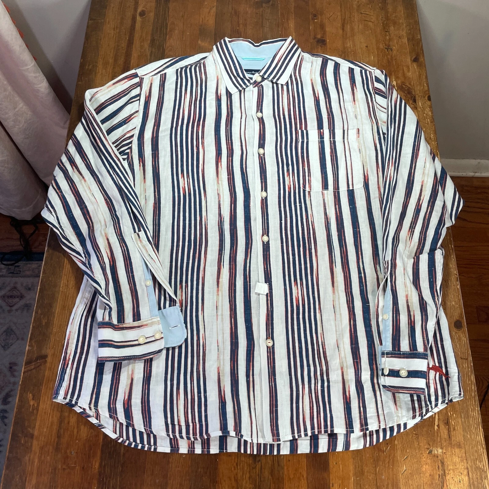 Tommy Bahama Shirt Mens XL Blue Striped Button Up Linen Casual Relax Beach