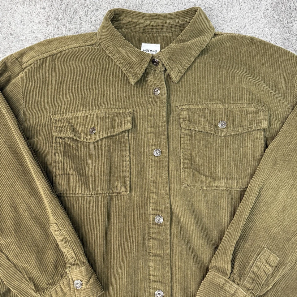 Camisa Kensie Jeans Para Mujer XL Verde Pana Botón Frontal Cazadora Sobrecamisa Foto 3 de 4