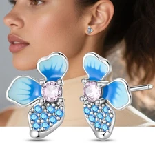 KUNSIR 925 Sterling Silver Blue Flower Stud Earrings for Women Posts Jewelry New