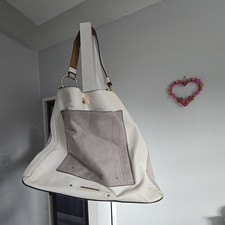 Women’s White/Grey Faux Leather Canvas Shoulder Bag, Tassel Charm, Gold Hardware