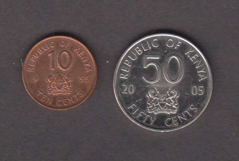 KENYA 1995, 2005. 10 & 50 cents. Arms. Daniel Toroitich Arap Moi. KM# 31, 41