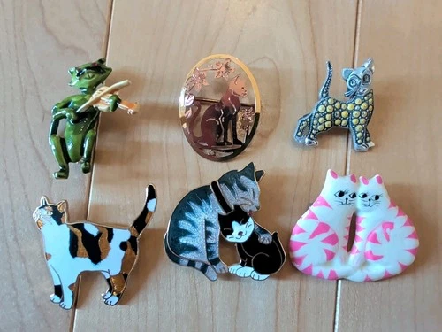 6 Cat Kitten Brooches Pins Costume Jewelry Vintage Germany So Cute