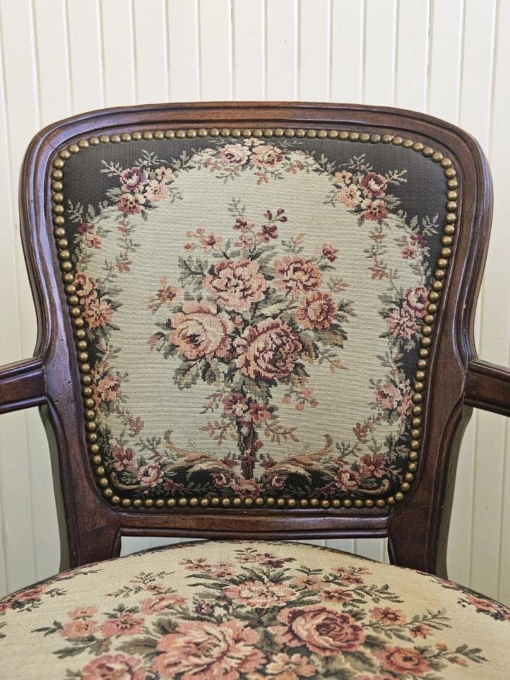 Louis XV Vintage French Provincial Floral Tapestry Fabric Arm Chair - Image 2 of 4