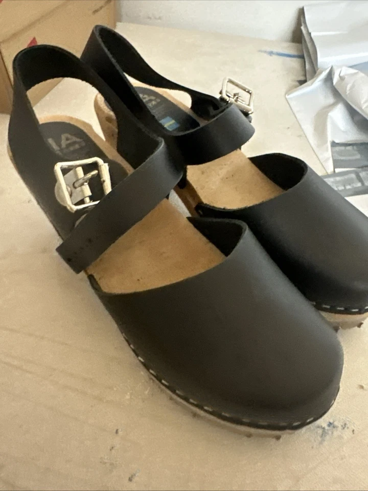 MIA Abba Clog Shoe Black Leather Slingback Swedish Heel Sandals Womens 39 / 9 US - Image 2 of 4