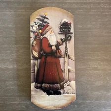 Old World Santa Transferred  On Wood Decor Wall Hanger Plaque Good Condition 