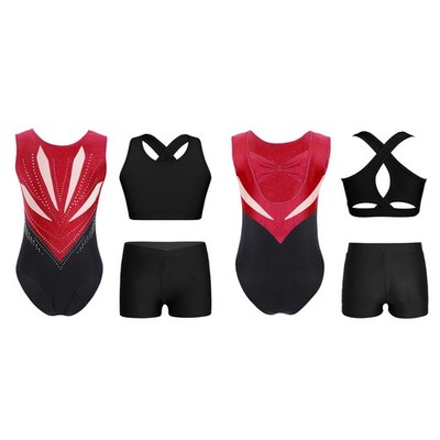 Girls 3pcs Rhinestones Patchwork Tank Tops Gymnastics Leotards and Shorts Vest
