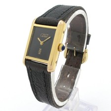 Cartier Must Tank Watch Leather Strap 925 Sterling Silver Black Accessary Auth