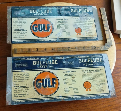 Gulf Lube Oil Vtg unrolled lot x2 flat factory Quart Can Advertise GULFLUBE sign