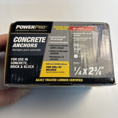 Power Pro 1/4 x 2.75 Concrete Anchors Hex Head 100 Pc Blue