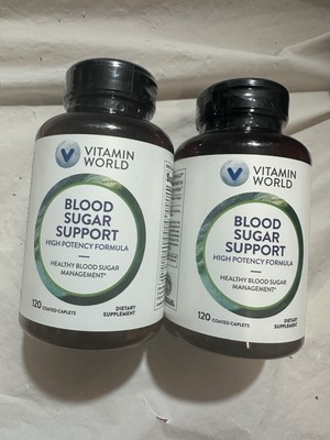 2 Bottles Vitamin World High Potency Blood Sugar Support 2-120 Caplets 10/25 Box