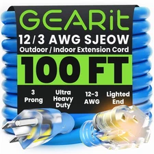 GEARit 100ft Power Extension Cord Outdoor 12/3 SJEOW Heavy Duty Lighted Blue