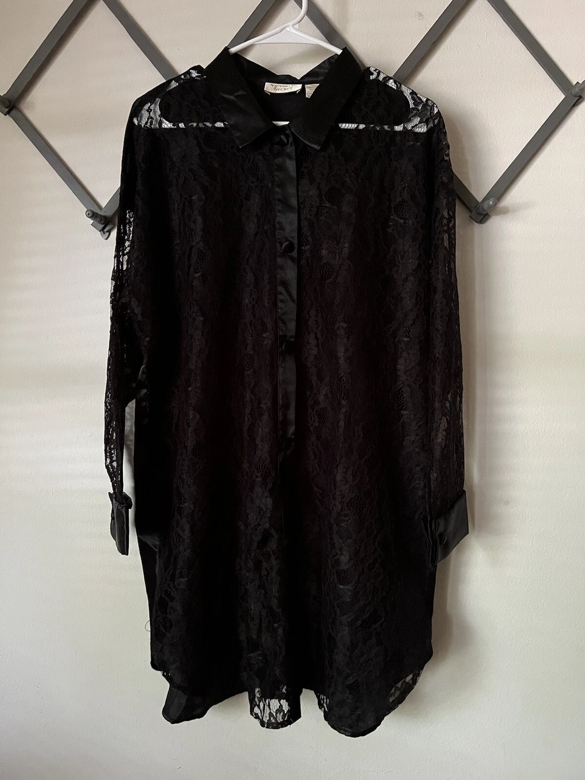 UNDERCOVER Abito camicia VICTORIA'S SECRET etichetta oro pizzo bottoni nero trasparente vintage