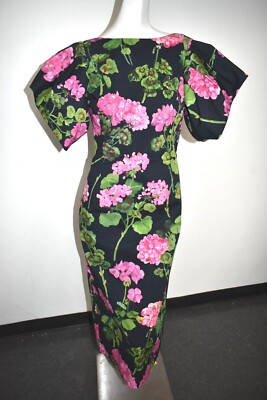 $4490  NEW Oscar de la Renta Geranium Floral Midi Dress Puff Sleev Navy Pink 6 8
