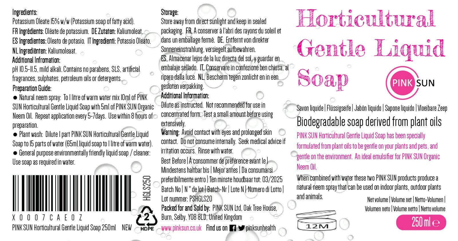 PINK SUN Organic Neem Oil & Horticultural Soap 250ml Plant Wash Insect