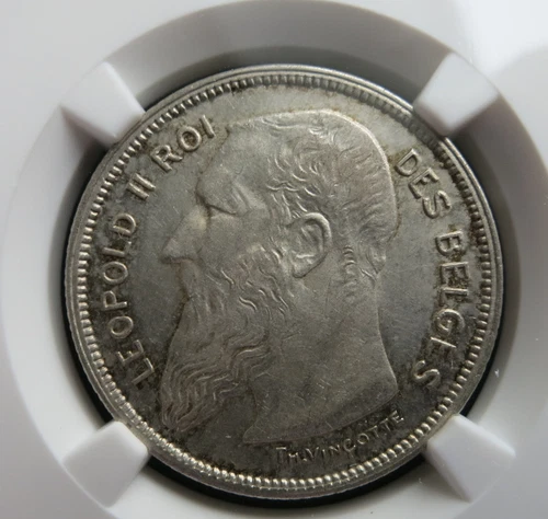 BELGIUM 2 Francs Frank 1909 NGC AU 55 French type Silver UNC King Leopold