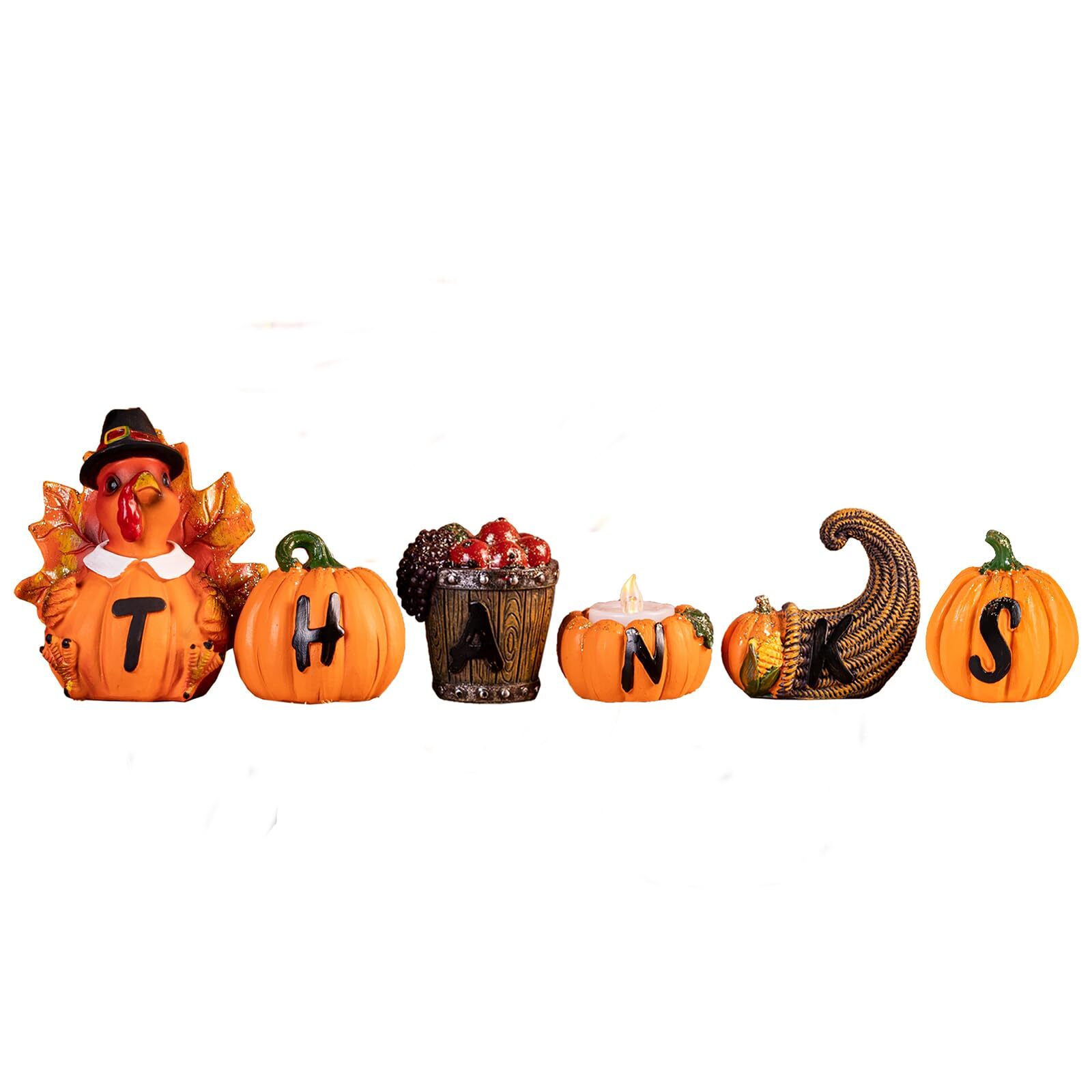 Thanksgiving Table Decor, 6 Pcs Turkey and Pumpkin Figurines with Engraved Th...