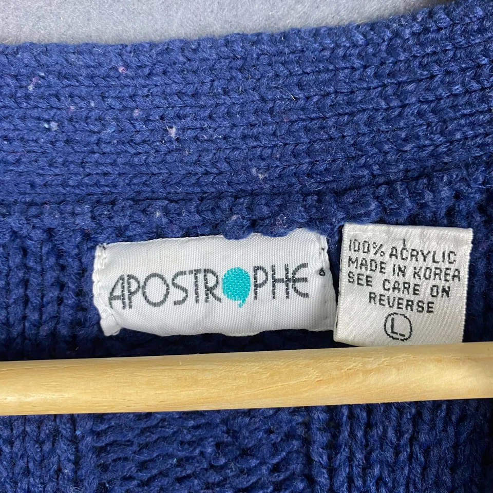 Apostrophe Cardigan Women L Navy Cable Knit V-Neck Button Front Sweater Preppy - Image 4 of 4