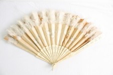 Vtg Antique Hand Painted Silk Hand Held Fan Celluloid Sticks w/ Feather Trim