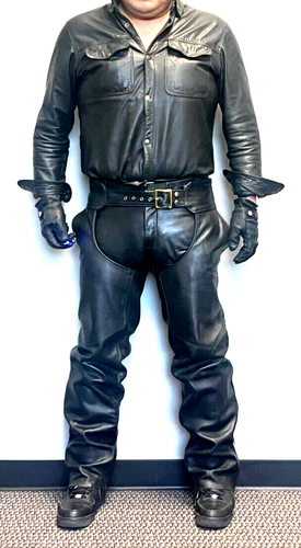 Protech Leather Apparel USA-made Thick Black Leather Chaps Size L - Picture 1 of 10