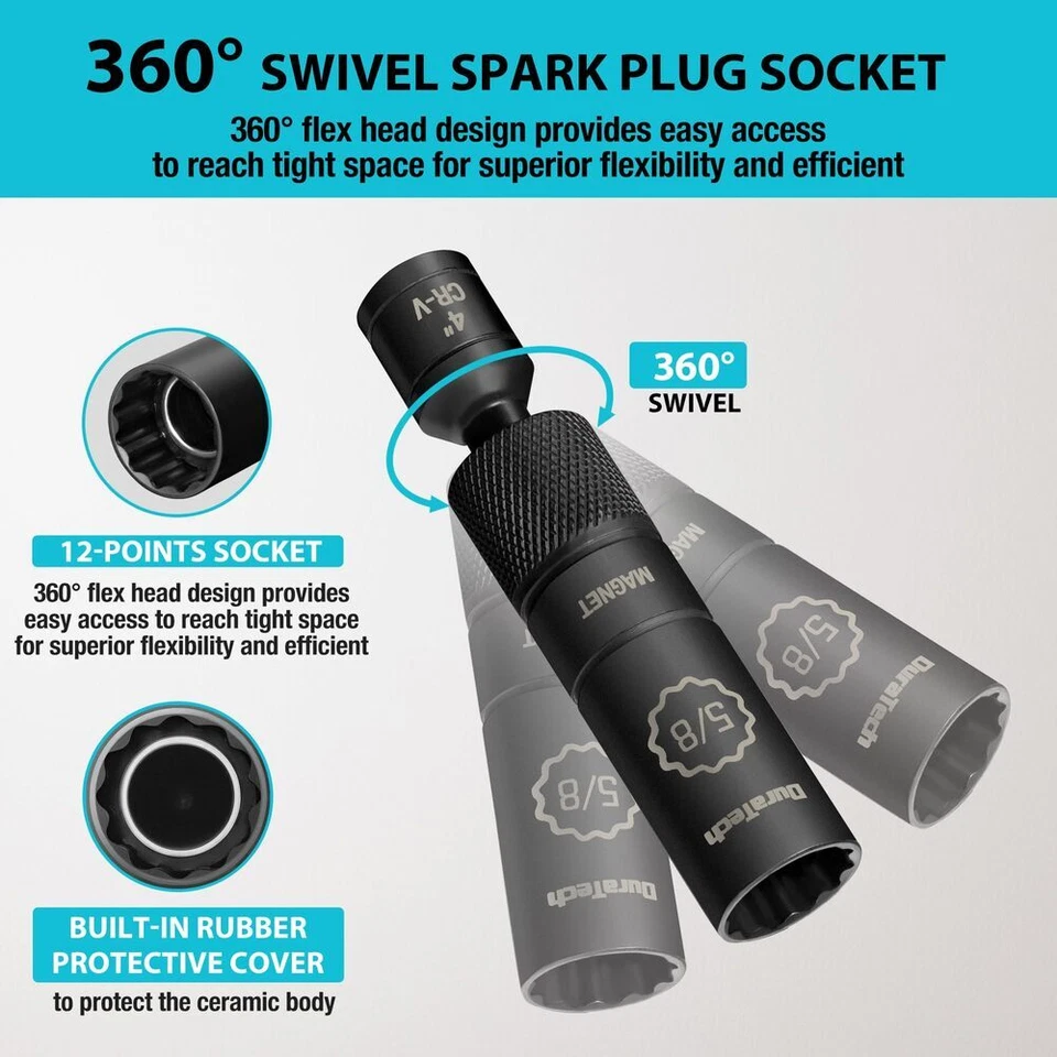 DURATECH 5/8" Swivel Magnetic Spark Plug Socket 1MM Thin Wall 3/8"Drive x4" 12PT - Image 4 of 4