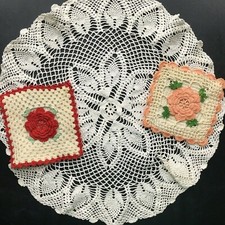 Crochet Lace Doilies Doily 1 Large Centerpiece 18"  2 Floral Coasters 6"