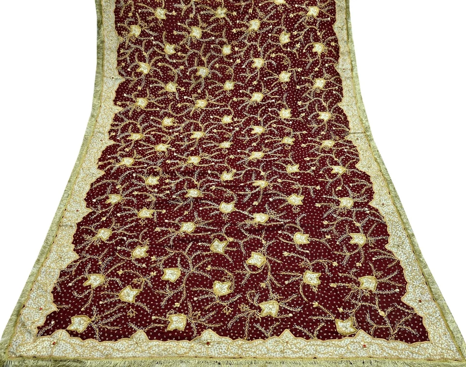 Vintage Heavy Bridal Dupatta Pure Chiffon Silk Long Stole Hand Embroidered Veil - Image 3 of 4