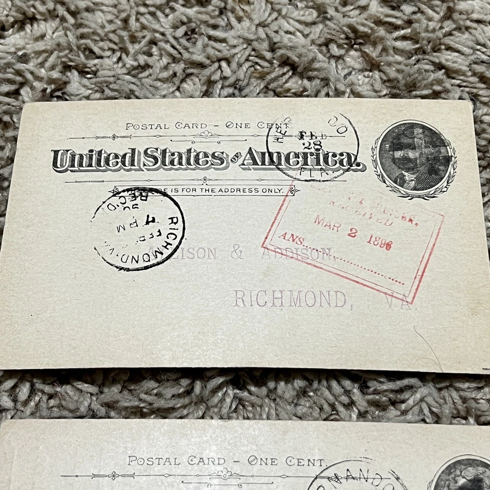 1896 LOT OF 8 FLORIDA PHOSPHATE POSTAL CARDS DAILY REPORTS, RED RECEIVED MARKS - Image 3 of 4