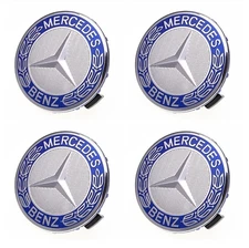 4x Mercedes Blue Alloy Wheel Centre Hub Caps 75mm A B C E S M Class ML CLA GLA