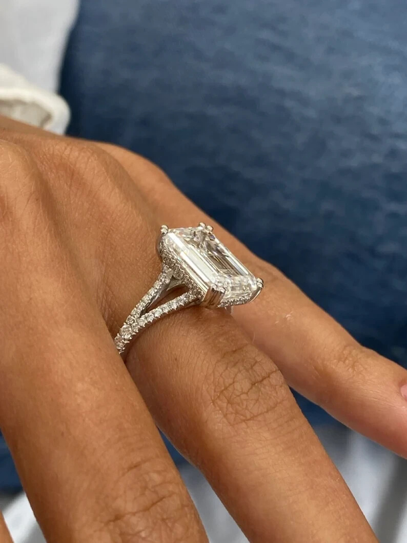 Huge Emerald Moissanite Ring Pave Set Hidden Halo Split Shank ...