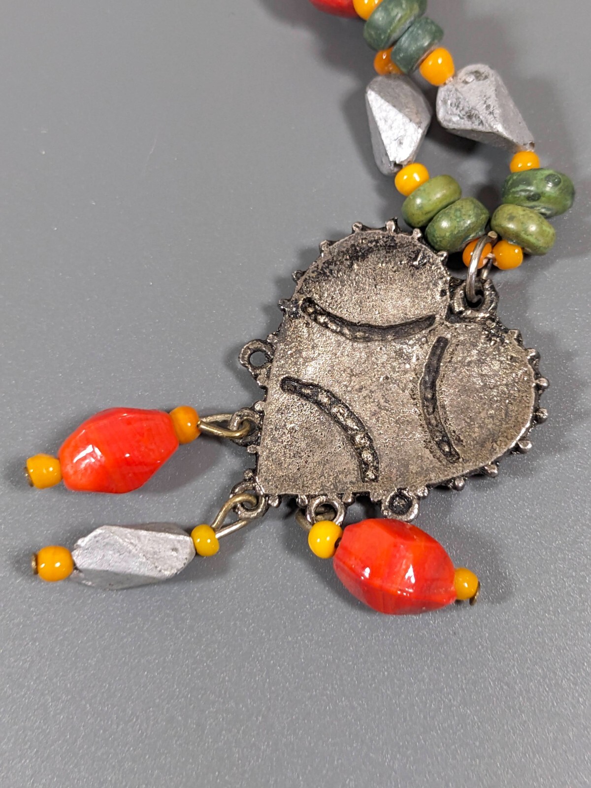 Beachy Coastal Tribal Orange Green Heart Charm Beaded Necklace 17 inch