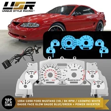 BLUE/GREEN Glow Gauge White Overlay For 96-98 Ford Mustang GT 150MPH Cluster