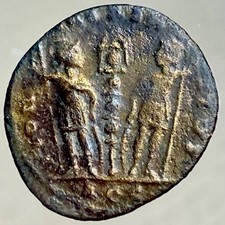 2 Roman Soldiers Ancient Coin Emperor Constantine II 336-337 AD Gloria Exercitas