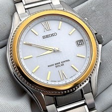 SEIKO Silver Wave Working 7B32 0AB0 Radio Solar Combo Roman Date