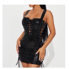 Fashion Nova Black Sequin Lace Up Mini Dress Size S