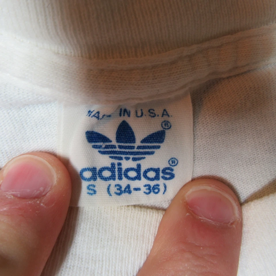 Vintage 80s ADIDAS Shirt Small White Spell Out Trefoil Striped Single Stitch - Image 3 of 4