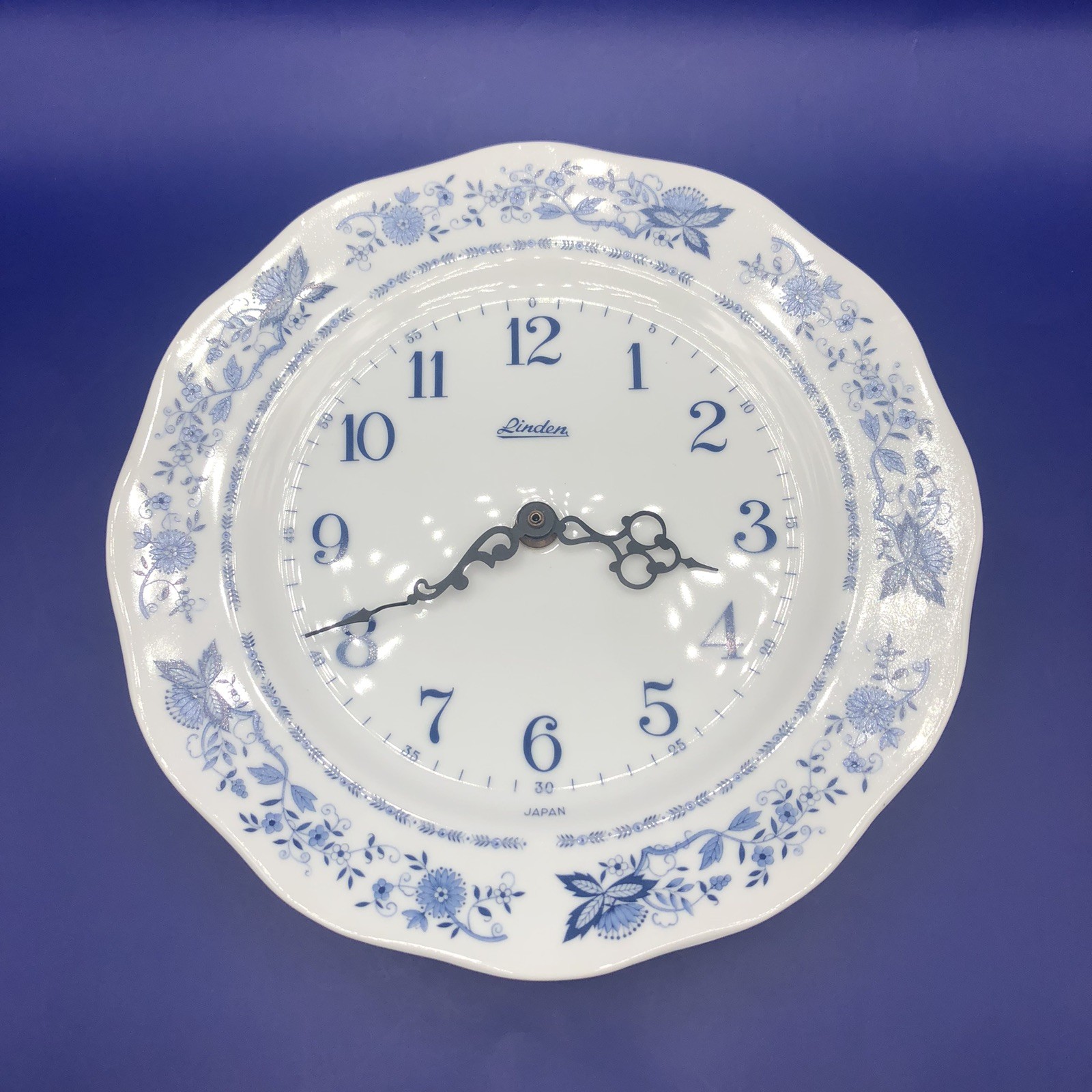 Vntg 1970-80’s Cottage-Core Linden Blue Floral Porcelain Wall Clock Japan 10.25”