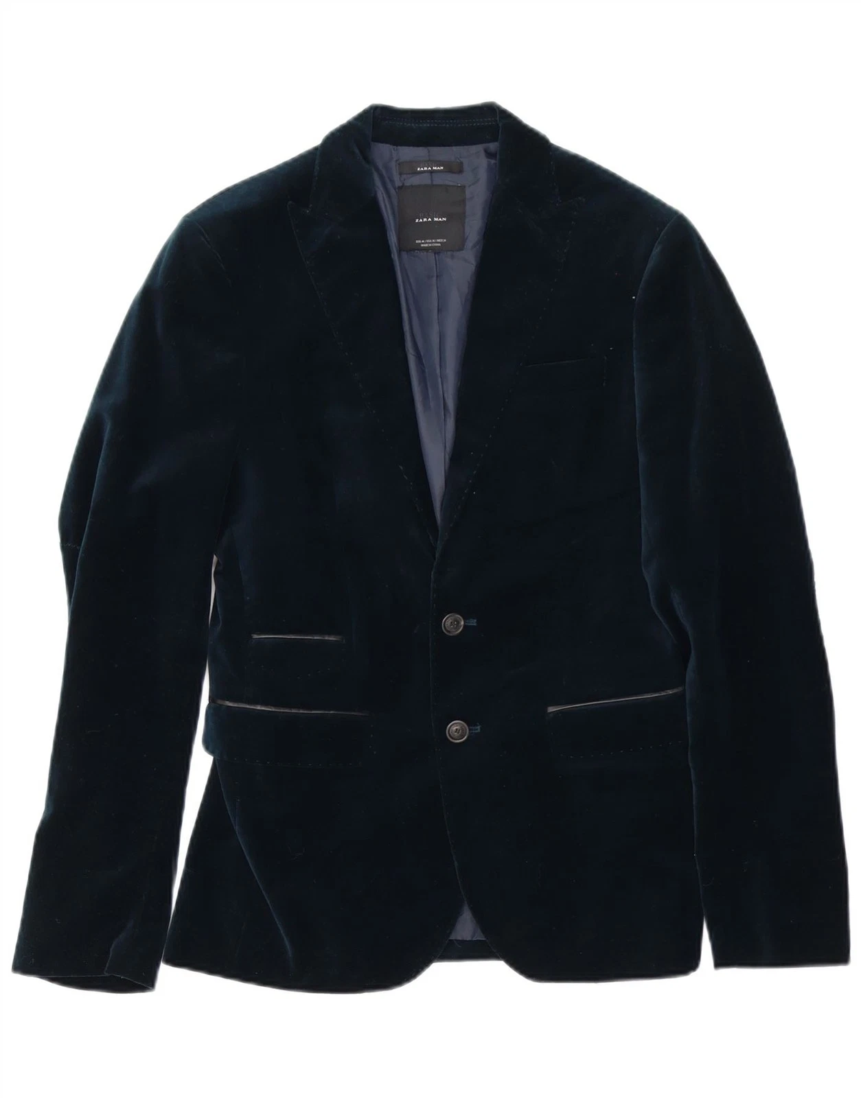 Zara Mens 2 Button Velour Blazer Jacket EU 46 Small Navy Blue Polyester XJ13