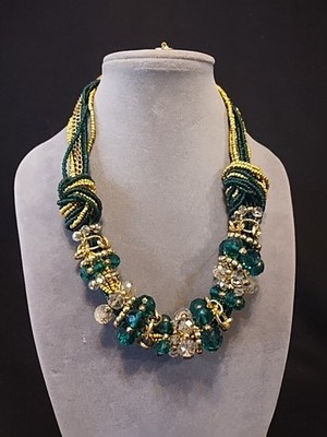 Gorgeous Erica Lyon's Statement Necklace Green and Gold  Crystal Beaded 16''-20''