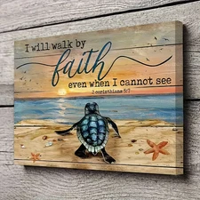 Christian Canvas Wall Art, “I Will Walk by Faith” Scripture Turtle Beach Print